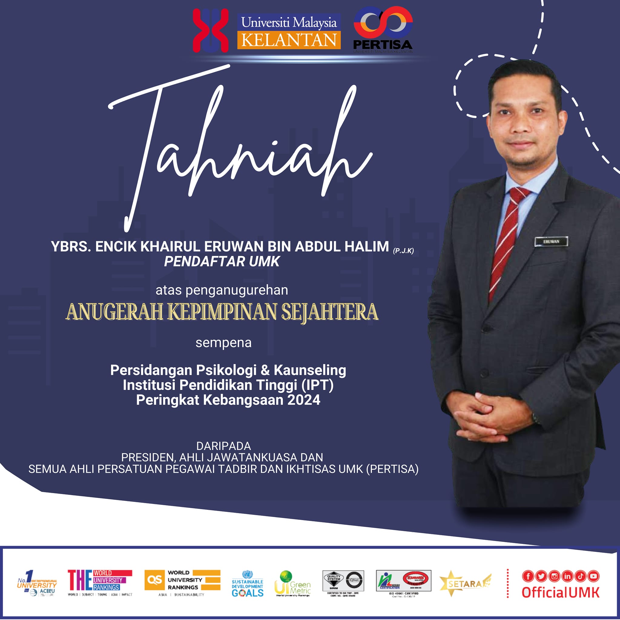 Anugerah Kepimpinan Sejahtera sempena Persidangan Psikologi & Kaunseling, Institut Pendidikan Tinggi (IPT), Peringkat Kebangsaan 2024.